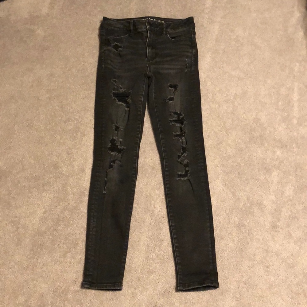 American Eagle High Rise Jegging Super Super Stretch Black Size 4 Distressed